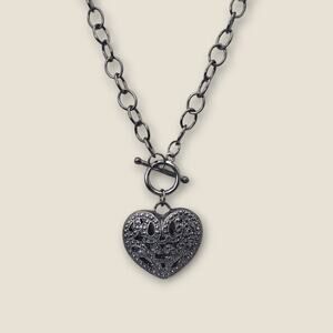 Heart Ornate Marcasite Filigree Antique Metal Pendant Necklace - Gothic Romance